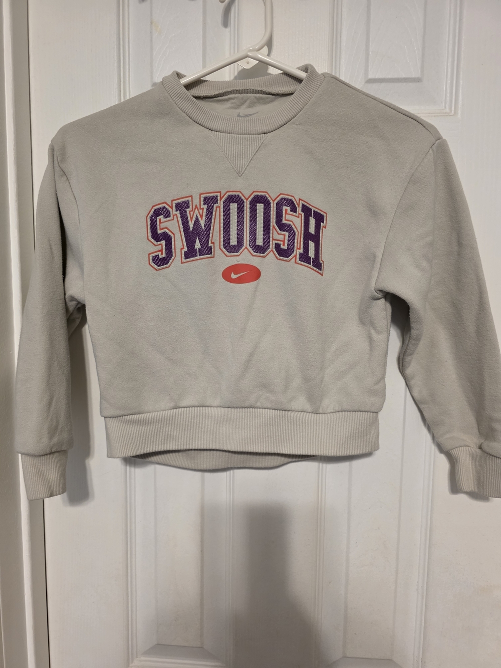 Nike "Swoosh" Cropped Crewneck Sweatshirt - Light Gray with Purple & Red